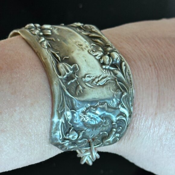 Antique Sterling Silver Cuff Bracelet Floral Art Nouveau Lady Face Victorian 925 - Picture 4 of 8